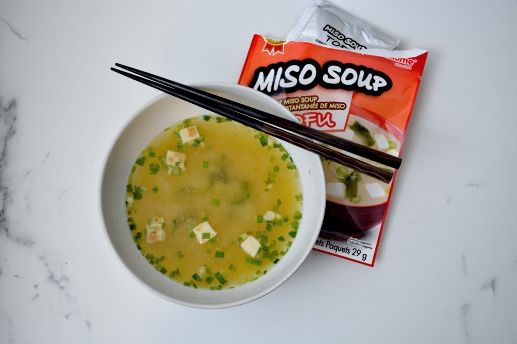 Marukome Miso Soup with tamari soy sauce and chopsticks