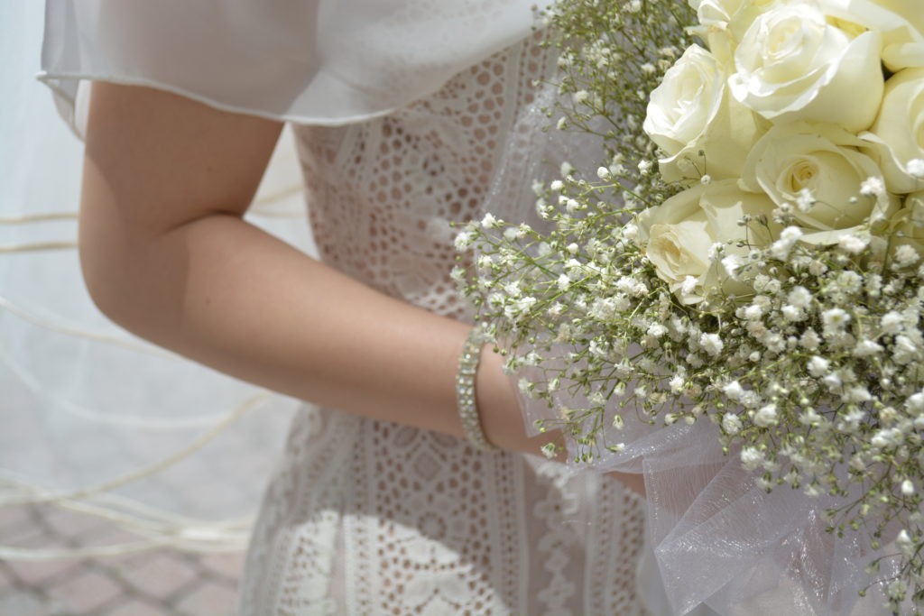 wedding gown, wedding bouquet