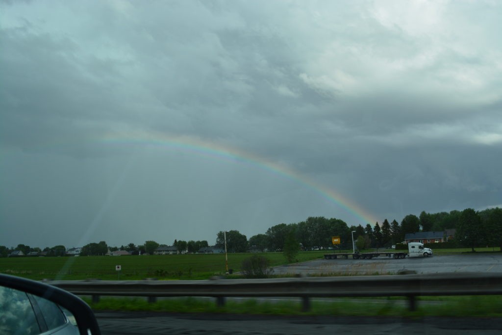 Rainbow in Quebec, COVID19; view from car