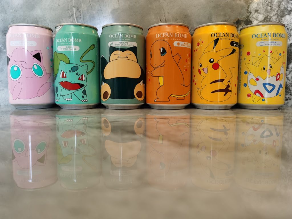 All Pokemon Drinks lined up on marble background