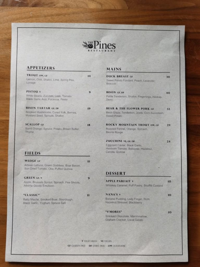 Menu from the pines restaurant in Jasper