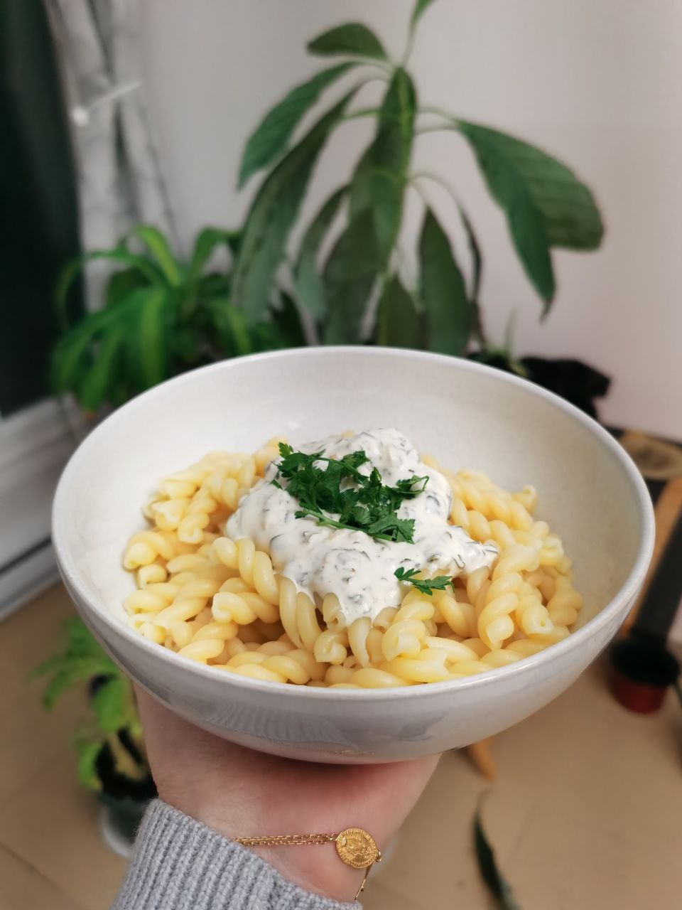 Lemon Pasta with plants in the background