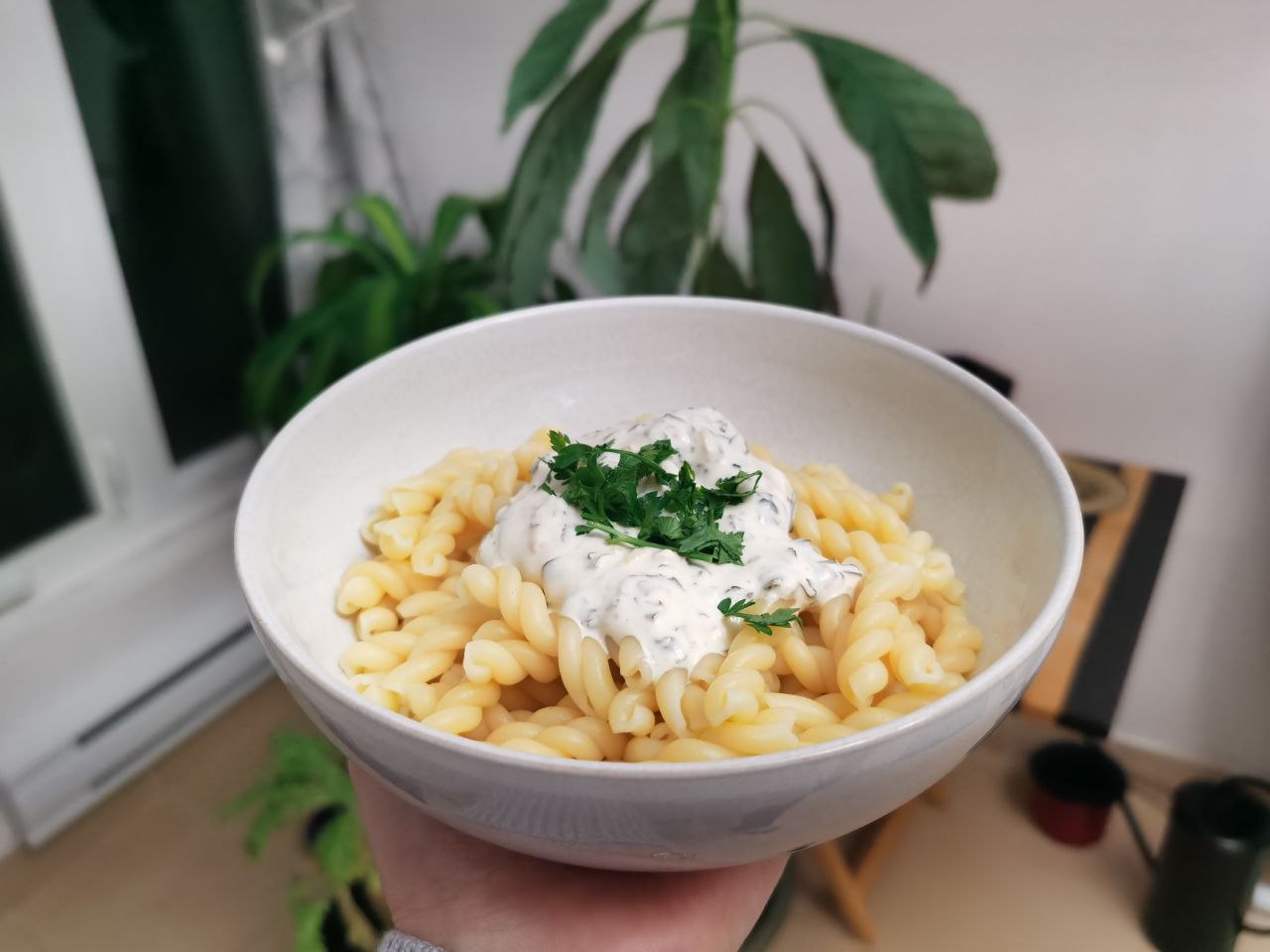 Lemon Pasta with plants in the background