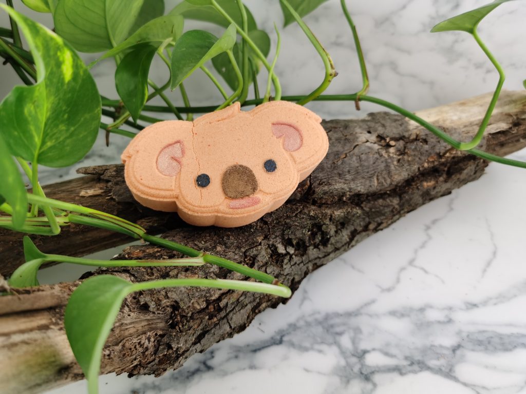 Koala Bath Bomb on a brand with leaves