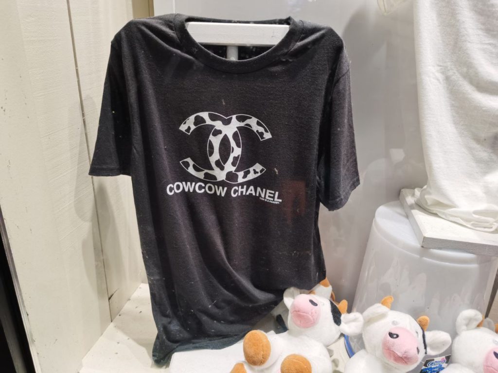 Cowcow Chanel parody of Coco Chanel shirt in Cows ice cream shop in banff