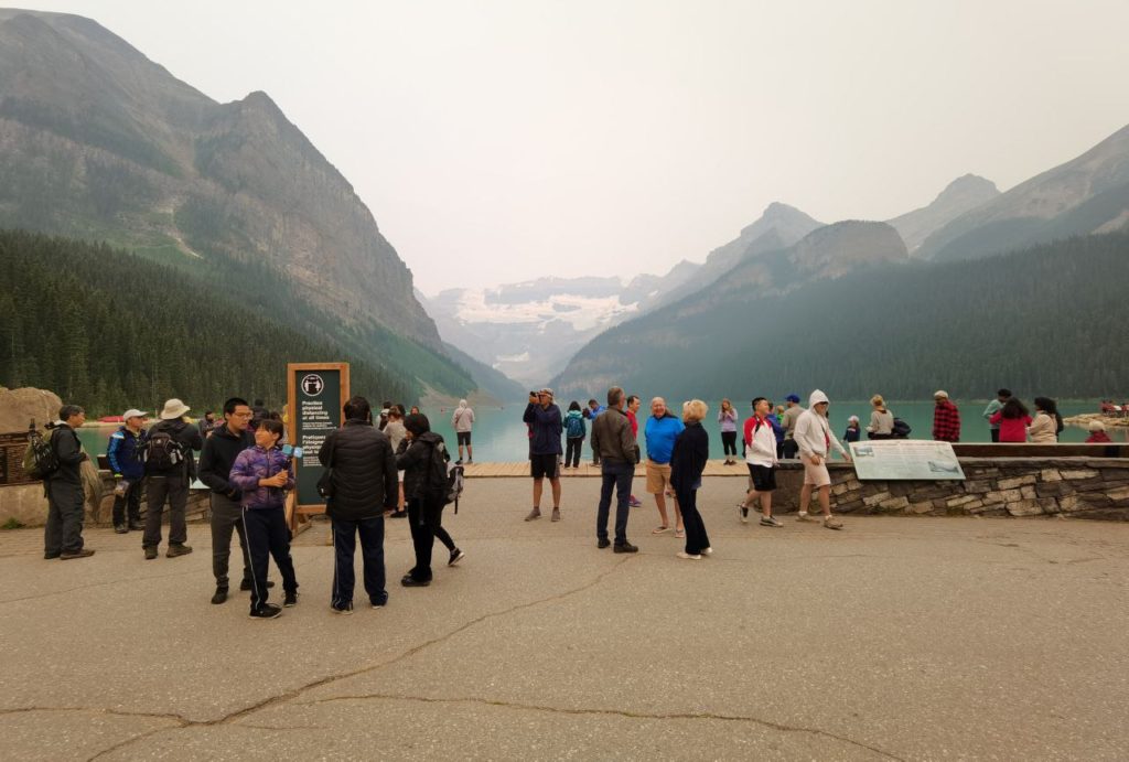 Crowded waterfront of Lake Louise in Banff